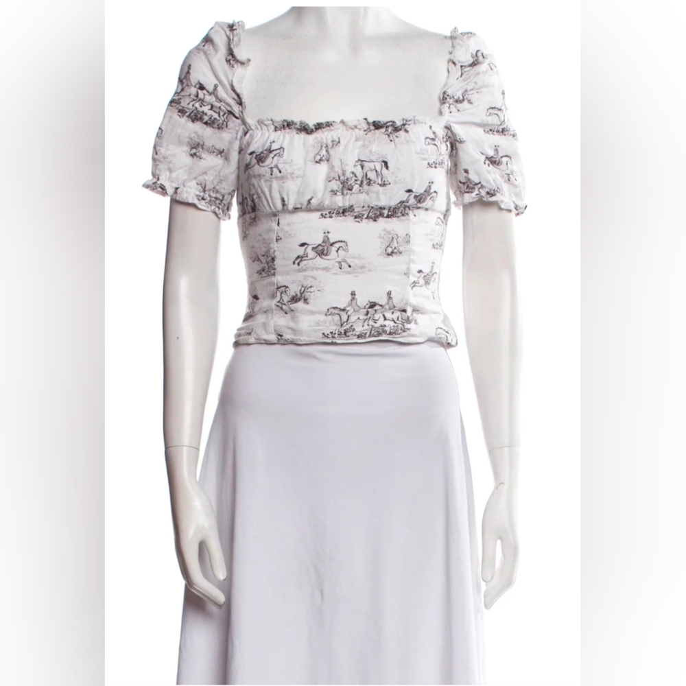 Reformation White Equestrian Print Short Sleeve Crop Top